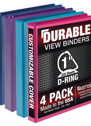 Samsill Durable 1 inch 3 Ring Binder, Made in USA, D Ring Binder, FSC 100% Recycled Chipboard, Fashion Assortment, 4 Pack