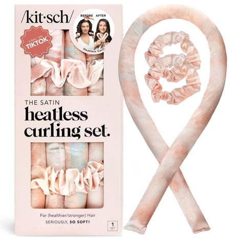 Kitsch Satin Heatless Curls Overnight Set - Sunset Tie Dye | No Heat Damage Overnight Curls | Comfortable Frizz Free Hair Curlers To Sleep In with 34" Hair Waver & 2 Satin Scrunchies
