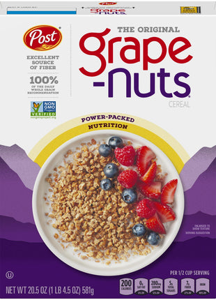 Post Grape Nuts Original Breakfast Cereal, Crunchy Whole Grain Wheat and Barley Cereal, Non GMO Project Verified, 20.5 OZ Box