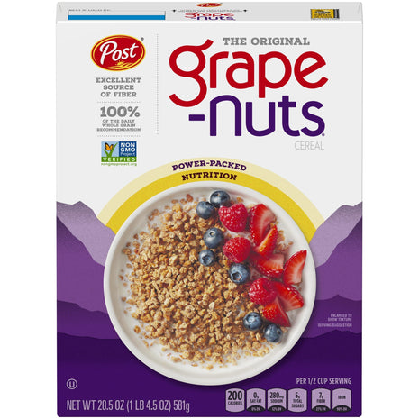 Post Grape Nuts Original Breakfast Cereal, Crunchy Whole Grain Wheat and Barley Cereal, Non GMO Project Verified, 20.5 OZ Box