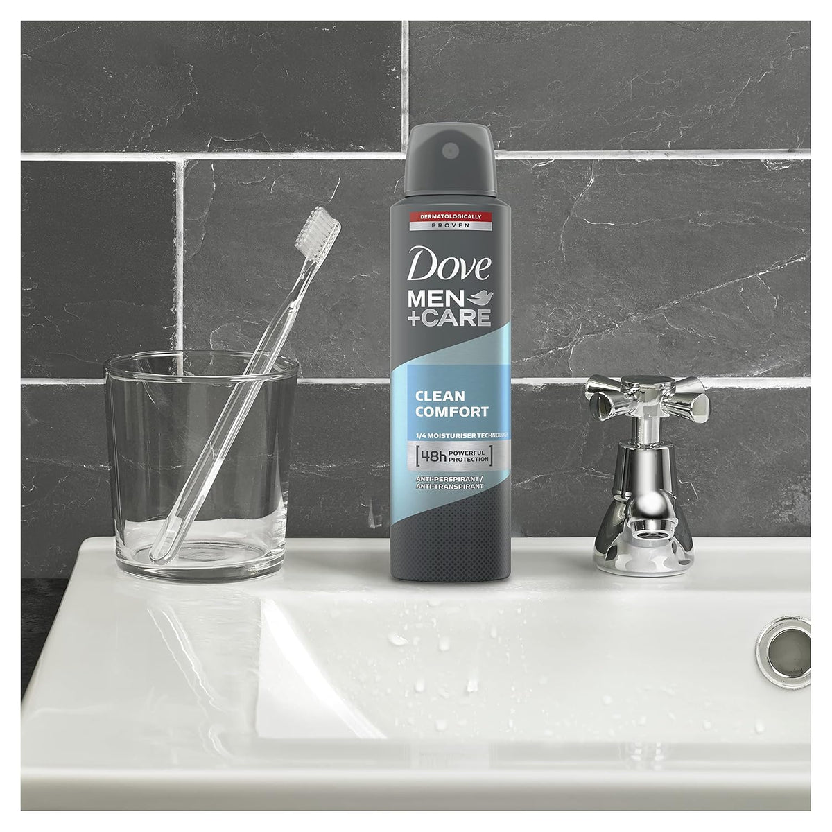 Dove Men+Care Dry Spray Antiperspirant pray Deodorant Clean Comfort, Up To 48 hrs Protection From Sweat & Odour, Instantly Dry for Cleaner Feel, Dermatologically Proven Formula, Soothes & Moisturises Skin, Long-Lasting Crisp Fragrance, 150 ml