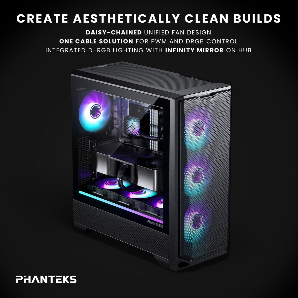 Phanteks M25-140 Gen2, 140mm ARGB High Performance Cooling Fans, Daisy-Chain Unified Fan Frame, Infinity Mirror hub, Single Cable Connection, Black