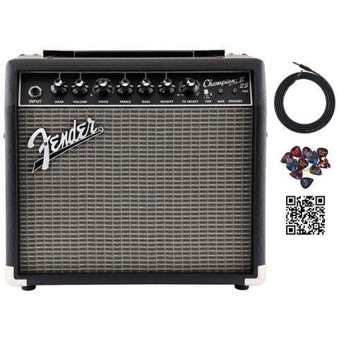 Fender Champion II 25 Watt Guitar Combo Amplifier Bundle with Cable, Austin Bazaar Exclusive 12-Pack Picks, and Instructional Video