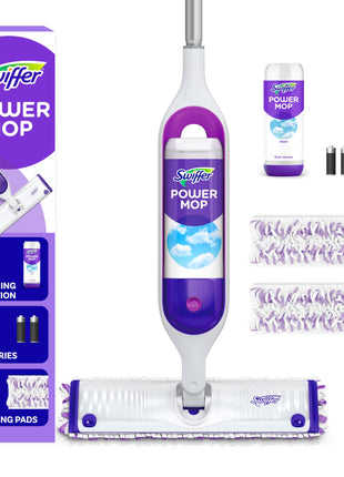 Swiffer PowerMop Mopping Kit for Floor Cleaning, Set Includes 1 Power Mop, 2 Replacement Pads, 1 Liquid Solution Refill, 2 Batteries, No Bucket Needed Electric Spray Cleaner, Multi-Surface and Wood