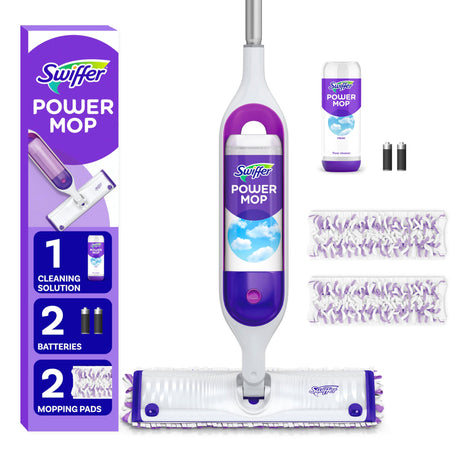 Swiffer PowerMop Mopping Kit for Floor Cleaning, Set Includes 1 Power Mop, 2 Replacement Pads, 1 Liquid Solution Refill, 2 Batteries, No Bucket Needed Electric Spray Cleaner, Multi-Surface and Wood