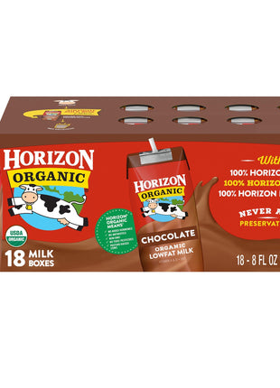 Horizon Organic Shelf Stable 1% Lowfat Chocolate Milk Boxes, 8 fl oz, 18 Count - 8g Protein per Serving, USDA Organic, Ready to Drink for Lunchbox, Travel, or On-the-Go, No Refrigeration Needed