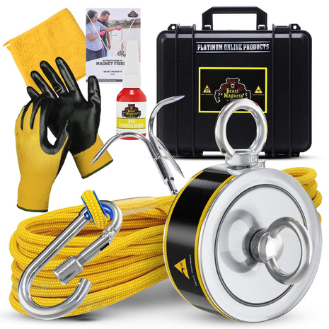 1320LB鈥檚 Complete Magnet Fishing Kit | Double Sided Fishing Magnet Kit with Case | Includes Strong Neodymium N52 Magnets, Durable 65ft Rope, Carabiner, Gloves, Grappling Hook & Carry Case