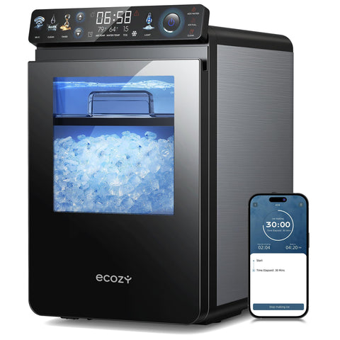 ecozy Nugget Ice Maker Countertop, Smart Pebble Ice Machine with APP Control, 44 lbs/24H Soft Pellet Chewable Ice with Self-Cleaning, Stainless Steel