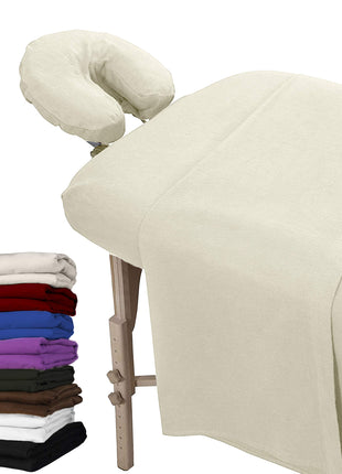 LONDON LINENS Extra Thick 3 Piece Set Massage Table Sheets Set - 100% Natural Cotton Flannel - Includes Massage Table Cover, Massage Fitted Sheet, and Massage Face Rest Cover (Natural)