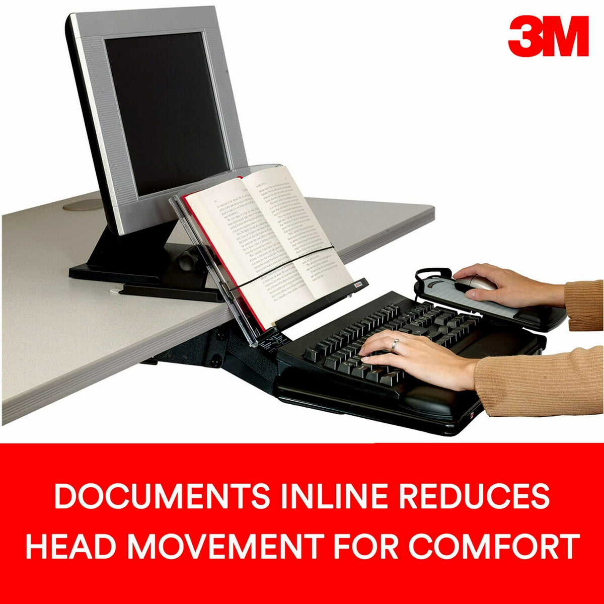 3M Adjustable Document Copy Holder, In-line with Monitor Minimizing Head and Neck Movement, 150 Sheet Capacity Holds Sheets to Books, Elastic Line Guide Keeps Pages Open, 14" Wide, Black (DH630) - Black/Clear