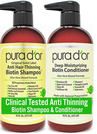 PURA D'OR Anti-Thinning Biotin Shampoo & Deep Moisturizing Conditioner Original Gold Label Set (16oz x2) Natural Earthy Scent, CLINICALLY TESTED Effective Results, Hair Thickening Product, Women & Men