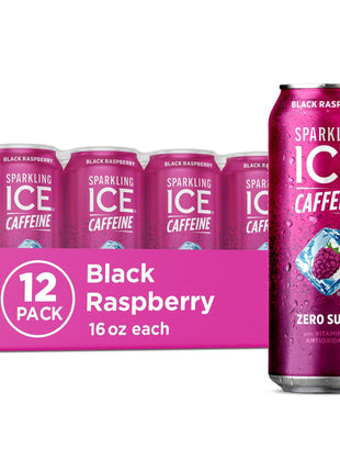 Sparkling Ice Caffeine Black Raspberry Sparkling Water with Caffeine, Zero Sugar, with Antioxidants and Vitamins,16 fl oz Cans (Pack Of 12)