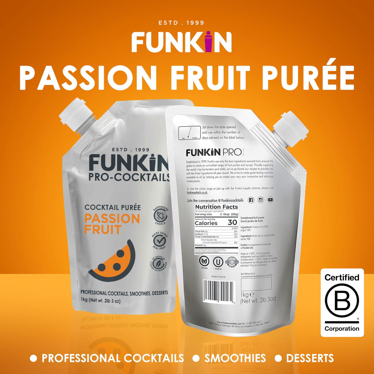 Funkin Passion Fruit Puree | Real Fruit, Two Ingredient, Natural Mixer for Cocktails, Drinks, Smoothies | Vegan, Non-GMO, Gluten-Free (2.2 lbs)
