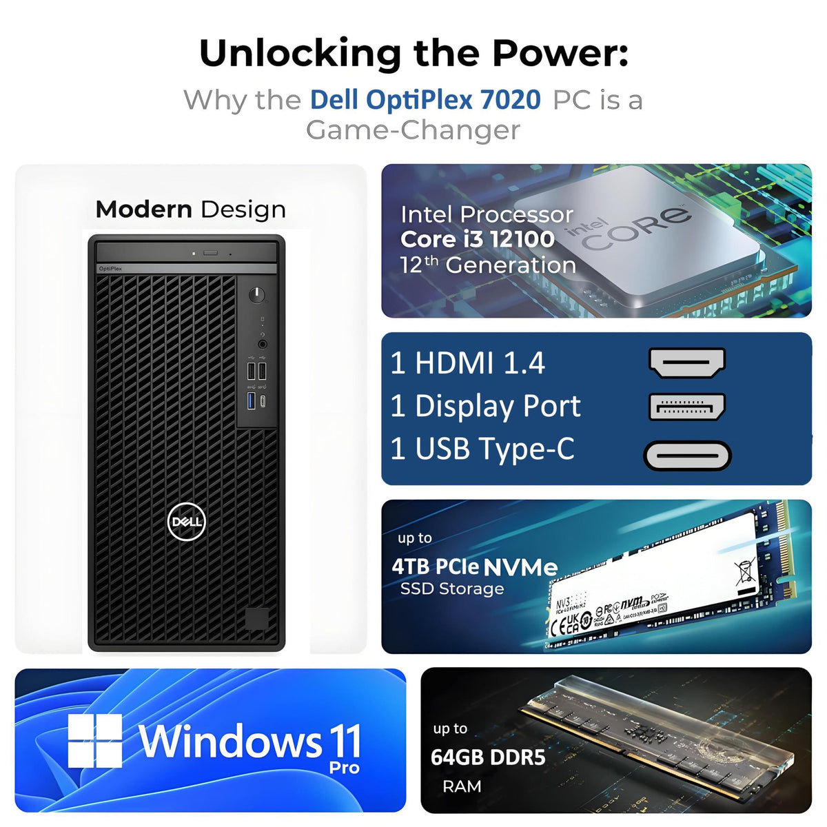Dell OptiPlex Desktop Computer, 7020 Tower Dekstop PC, 12th Gen Intel 4-Core Processor (Beats Core i7-9700), 32GB DDR5 RAM, 1TB PCIe SSD, DVDRW, WiFi Adapter, RJ-45, Keyboard & Mouse, Windows 11 Pro