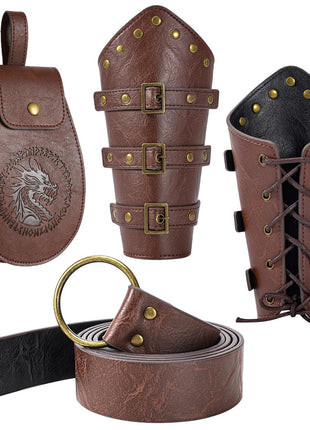 Berenlu 3 PCS Renaissance Accessories, Viking Belt, Medieval Vintage Belt Pouch & Leather Bracers for Halloween LARP Cosplay