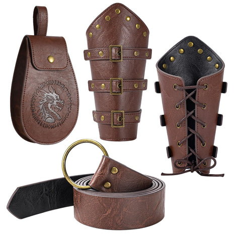 Berenlu 3 PCS Renaissance Accessories, Viking Belt, Medieval Vintage Belt Pouch & Leather Bracers for Halloween LARP Cosplay