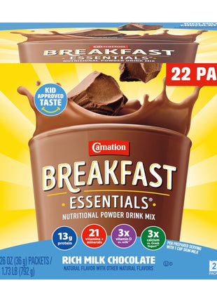 Carnation Breakfast Essentials Powder Drink Mix, Rich Milk Chocolate, 22 Count Box of 1.26 Ounce Packets