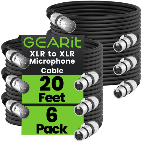 GEARit XLR Male to Female Microphone Cable (20 Feet, 6-Pack) 3-Pin Balanced Shielded Mixer, Recording Studio, Podcast - Black