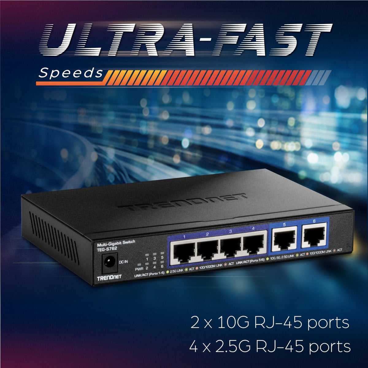 TRENDnet 6-Port 10G Switch, 4 x 2.5G RJ-45 Base-T Ports, 2 x 10G RJ-45 Ports, 60Gbps Switching Capacity, Wall Mountable, 10 Gigabit Network Connections, Lifetime Protection, Black, TEG-S762