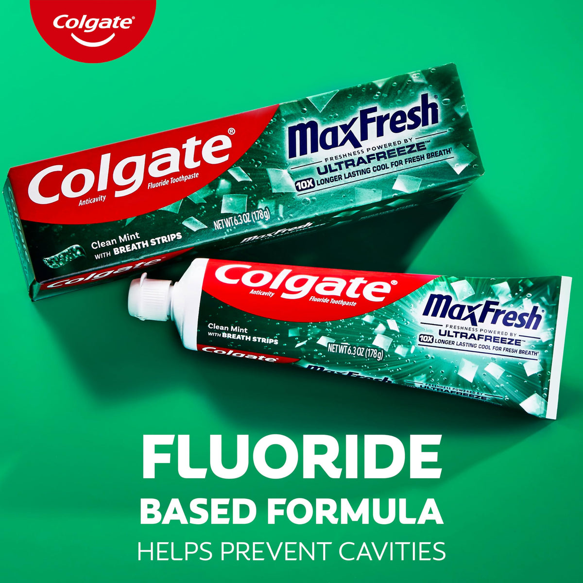 Colgate MaxFresh Clean Mint Toothpaste Pack, Fresh Breath Toothpaste with Fluoride and Hundreds of Mini Breath Strips, Leaves Mouth Feeling Refreshed for Hours, 4 Pack, 6.3 oz