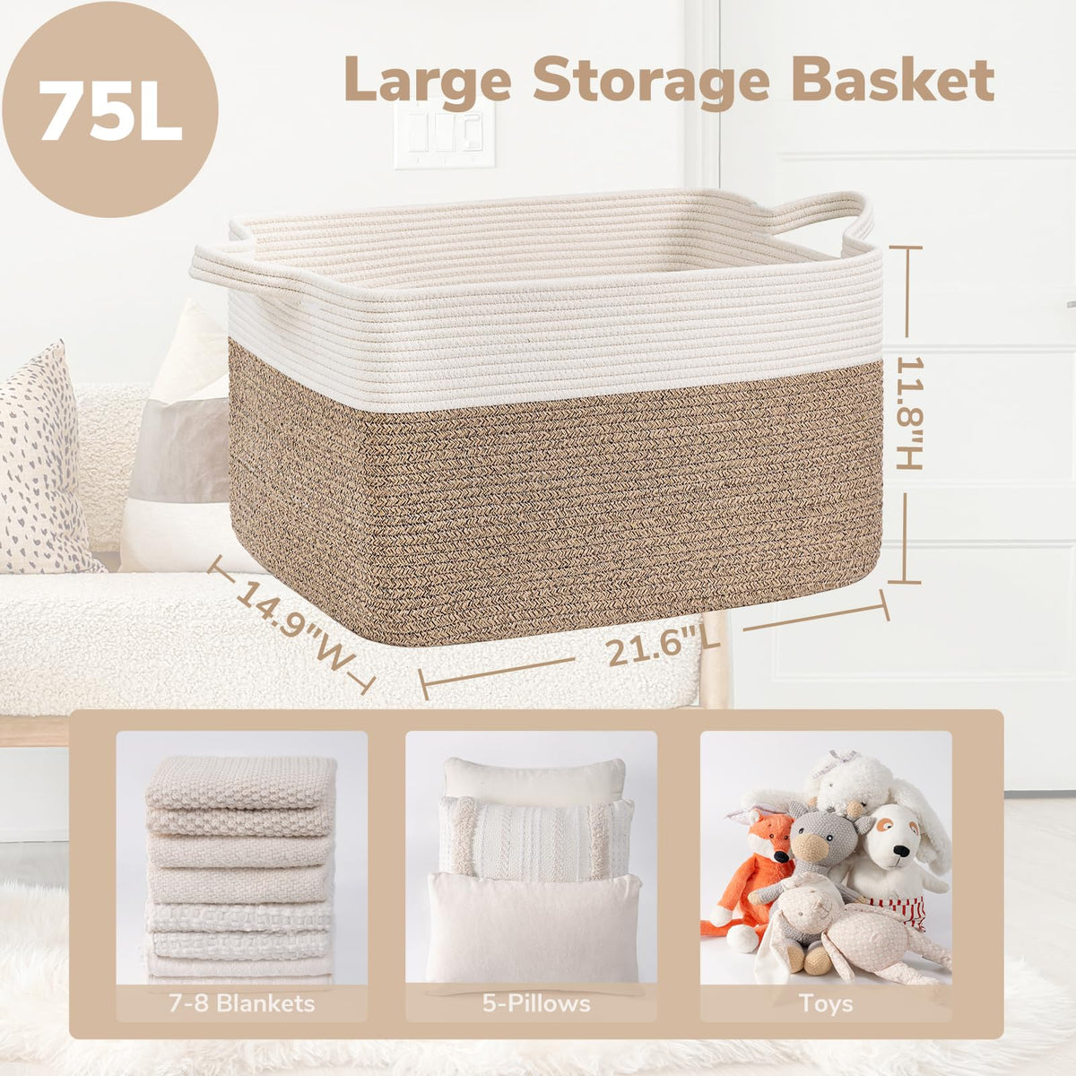 Goodpick Large Woven Blanket Basket, 21.6" x 14.9" x 11.8" Storage Baskets for Organizing, Rectangle Cotton Rope Toy Basket for Living Room, Bedroom, White & Brown