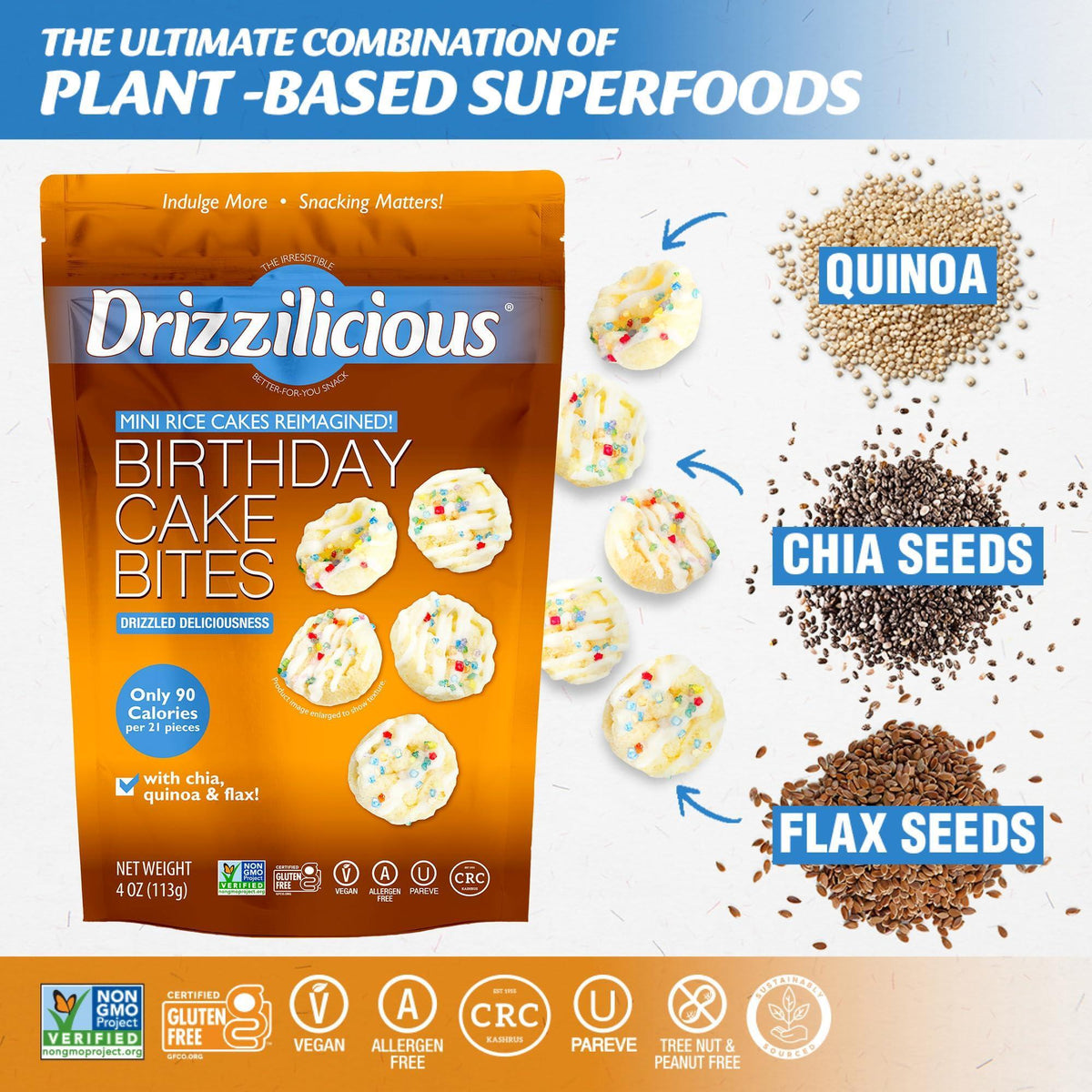 Drizzilicious Mini Rice Cakes Birthday Cake - Rice Crisps, Healthy Snack for Adults and Kids, Flavored Rice Cakes, Vegan, Gluten Free, Allergen Free, Only 90 Calories Per Serving - 4 oz (Pack of 2)