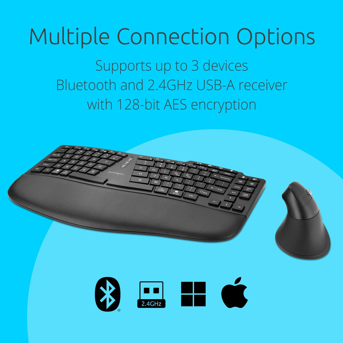 Kensington Pro Fit Ergo KM675 EQ Wireless Keyboard and Mouse, TKL Keyboard, Rechargeable Split Keyboard Ergonomic, Bluetooth & 2.4GHz up to 3 Device Connection, Programmable Keys, Black, K75492US