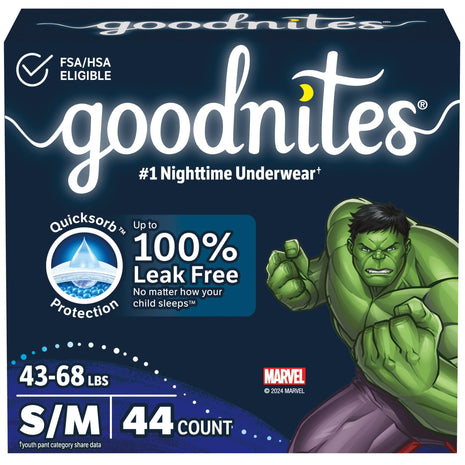 Goodnites Boys' Nighttime Bedwetting Underwear, Size S/M (43 68 lbs), 44 Ct (2 Packs of 22), Packaging May Vary