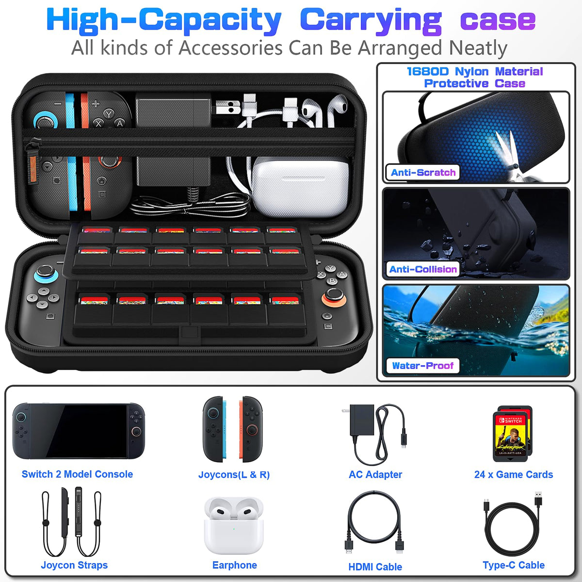 daydayup Switch Carrying Case Compatible with Nintendo Switch 2, with 24 Games Cartridges Protective Hard Shell Travel Carrying Case Pouch for Console & Accessories DS case