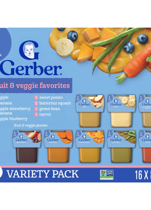 Gerber Stage 2 Baby Food, Fruit & Veggie Favorites Tubs, Baby Puree, Variety 32PK
