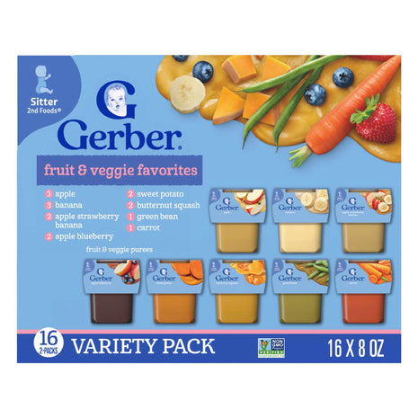 Gerber Stage 2 Baby Food, Fruit & Veggie Favorites Tubs, Baby Puree, Variety 32PK