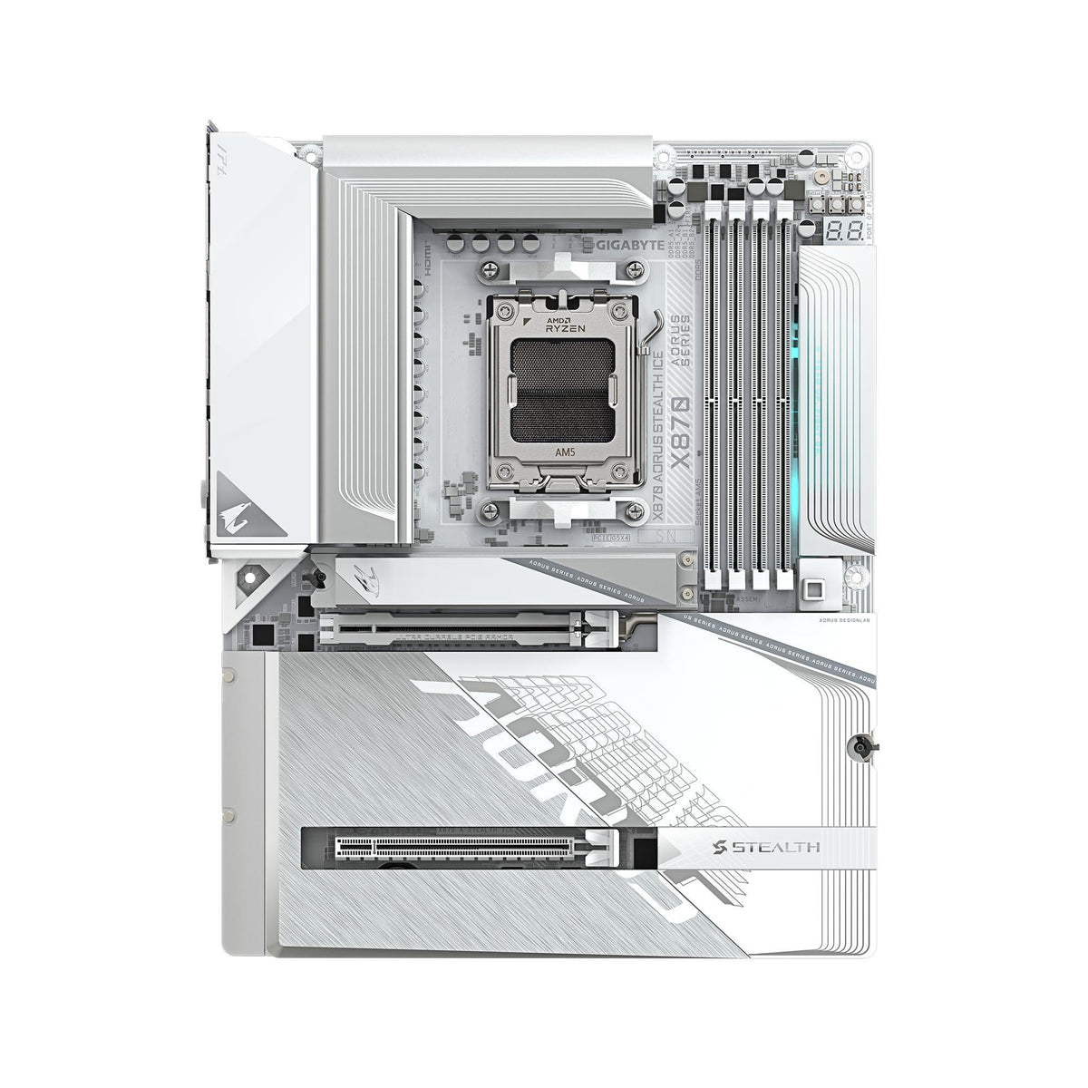 GIGABYTE X870 AORUS Stealth ICE AMD AM5 Motherboard, ATX, DDR5, 4X M.2, PCIe 5.0, 2xUSB-4,USB-C, WIFI7, 5GbE LAN, EZ-Latch