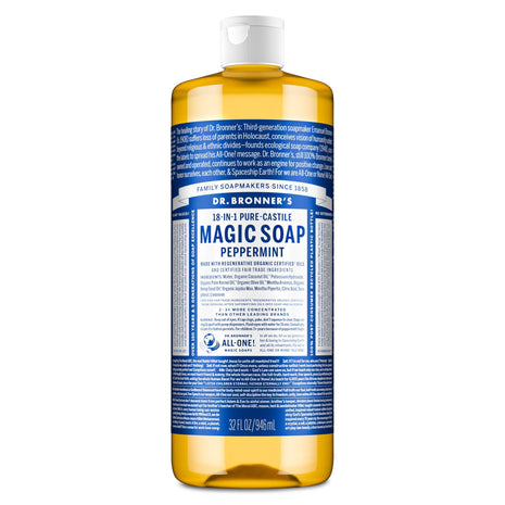 Dr. Bronner's Peppermint Pure-Castile Liquid Soap, Hand Soap, 32 oz | 18-in-1 Uses: Body Wash & Hand Soap for Men and Women, Shampoo, Face, Laundry, Floors, Cars, Pets - Fair Trade & Organic Oils