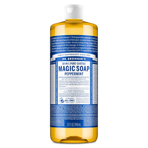 Dr. Bronner's Pure-Castile Magic Liquid Soap - Made with Regenerative Organic Certified Oils- 18-in-1 Uses for Face, Body, Hand, Hair, Laundry & More- Vegan, Non-GMO- Body Wash- Peppermint,32oz