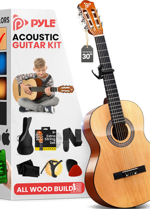 Pyle Beginner Acoustic Guitar Kit, 1/4 Junior Size All Wood Build Nylon Stringed Instrument with Capo, Strap, Extra String Set, Gig Bag, Guitars for Beginners Adults Youth, 30" Natural Gloss