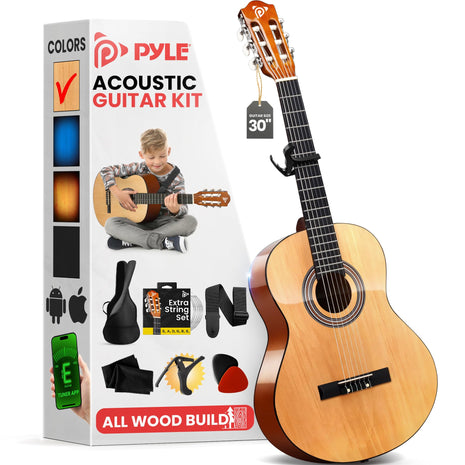 Pyle Beginner Acoustic Guitar Kit, 1/4 Junior Size All Wood Build Nylon Stringed Instrument with Capo, Strap, Extra String Set, Gig Bag, Guitars for Beginners Adults Youth, 30" Natural Gloss