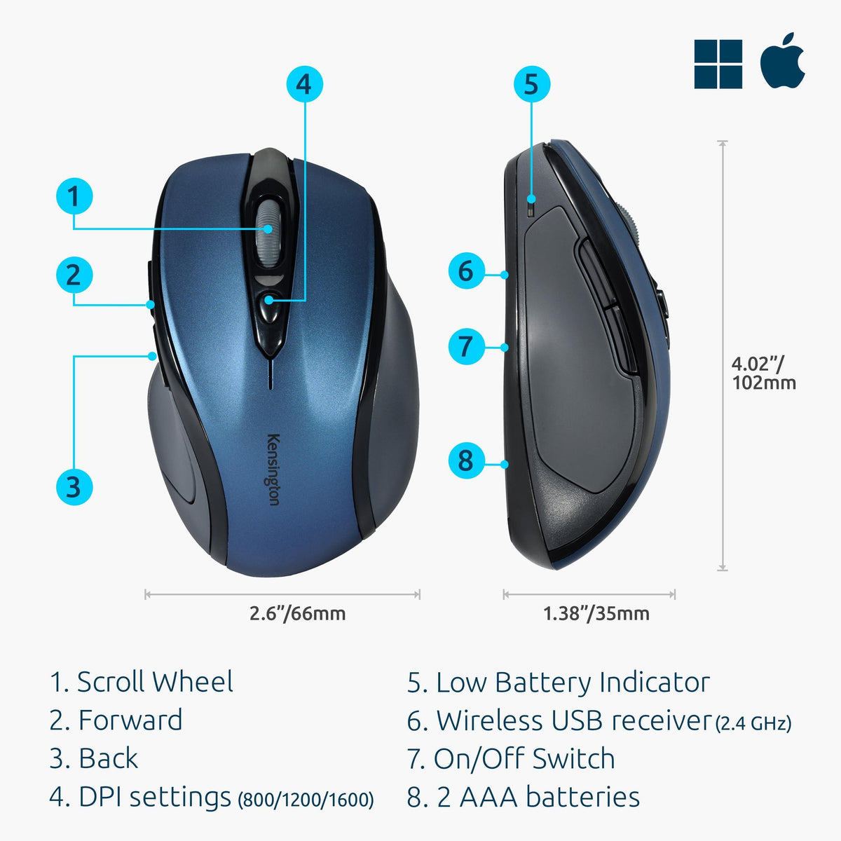 Kensington Pro Fit Mid-Size Wireless Mouse, Sapphire Blue (K72421AM)