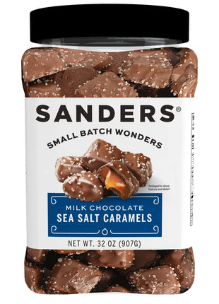 Sanders Milk Chocolate Sea Salt Caramels (32 oz Tub) – Handcrafted Small Batch Slow Cooked Caramel, Sea Salt Chocolate with Rich Indulgent Flavor, Sweet & Salty