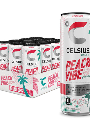CELSIUS PEACH VIBE Sparkling White Peach, Sugar Free Energy Drink, 12 Fl Oz (Pack of 12)