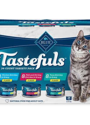 Blue Buffalo Tastefuls Flaked Wet Cat Food Variety Pack, Made with Natural Ingredients, Tuna, Chicken, Fish & Shrimp, 3-oz Cans (12 Count, 4 of Each)