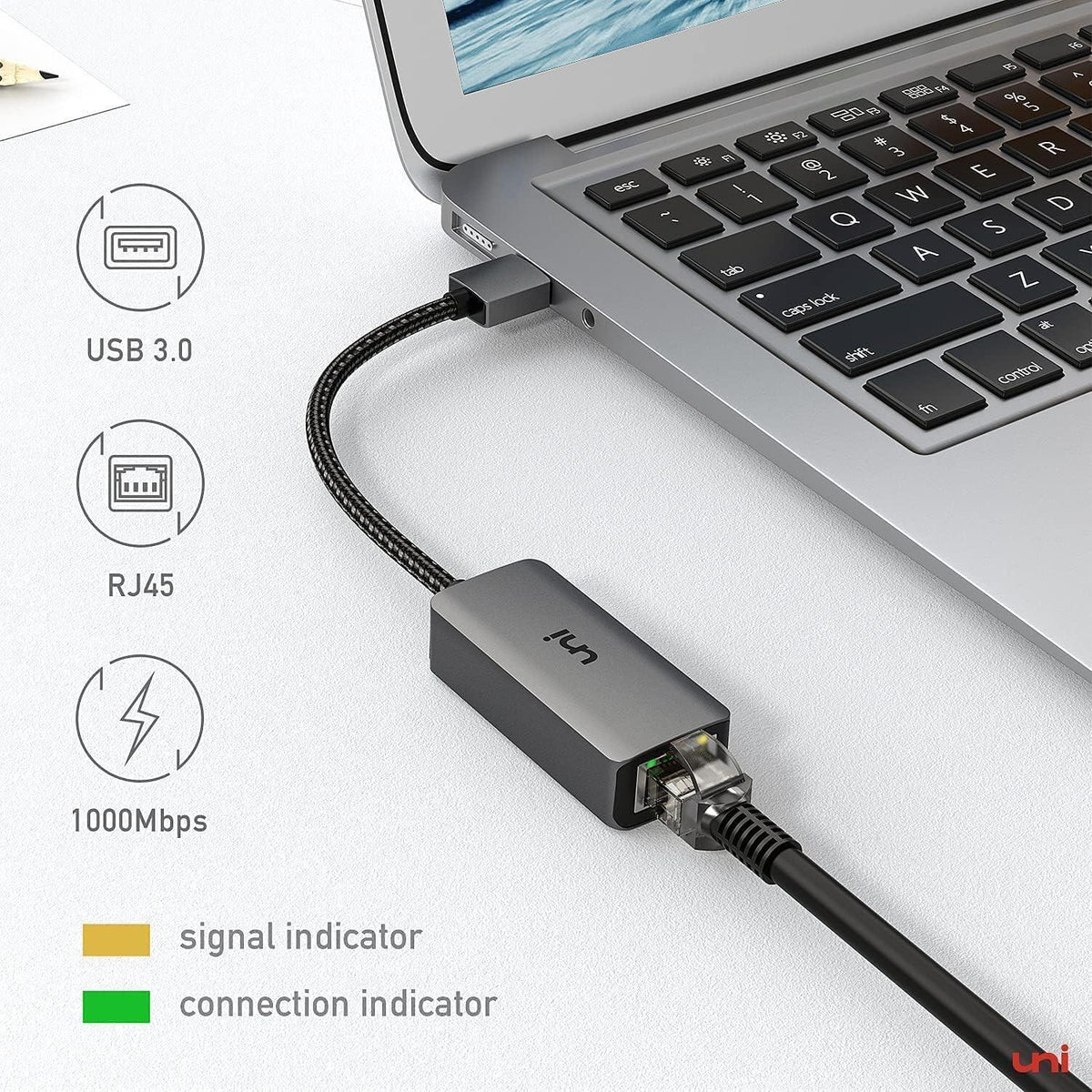 uni USB to Ethernet Adapter, Driver Free USB 3.0 to Gigabit Ethernet LAN Network Adapter, 100/1000 Mbps RJ45 Internet Adapter Compatible with Laptop, MacBook, Surface, PC with Windows, XP, Mac/Linux