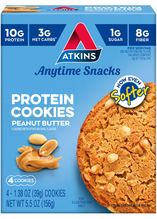 Atkins Peanut Butter High Protein Cookie, Keto Snacks, 3g Net Carb | Low Sugar and Low Carb Treats, Satisfies Cravings with High Protein, 4 Count, Individually Wrapped for On-the-Go, 1g Sugar