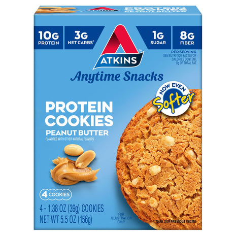 Atkins Peanut Butter High Protein Cookie, Keto Snacks, 3g Net Carb | Low Sugar and Low Carb Treats, Satisfies Cravings with High Protein, 4 Count, Individually Wrapped for On-the-Go, 1g Sugar