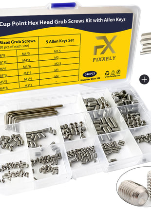 Set Screws Assortment Kit (M3, M4, M5, M6, M8) with Allen Keys – Durable 240 Pcs Metric Cup Point 304 Stainless Steel for Bathroom Fixtures, Door Knobs, Faucets, Plumbing, and More