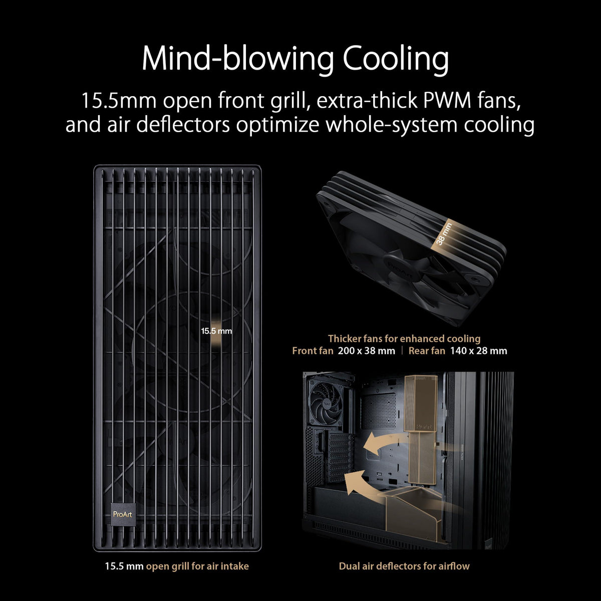 ASUS ProArt PA602 E-ATX Computer Case 420mm Radiator Support, Dual 200mm Built-in Fans, Front Panel IR dust Indicator, Power Lock Latch, Tool-Less PCIe mounting & GPU Holder, 20Gbps USB-C Front I/O