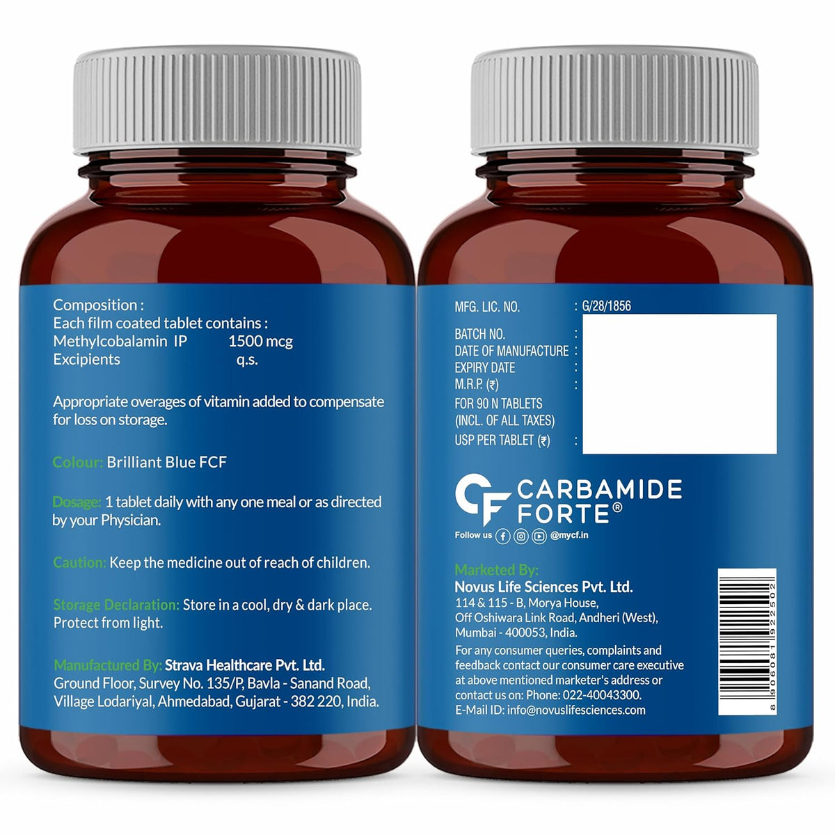 Carbamide Forte Vitamin B12 Supplements 500 mcg - Methylcobalamin B12 Vitamin Tablets for Men & Women - 90 Veg Tablets