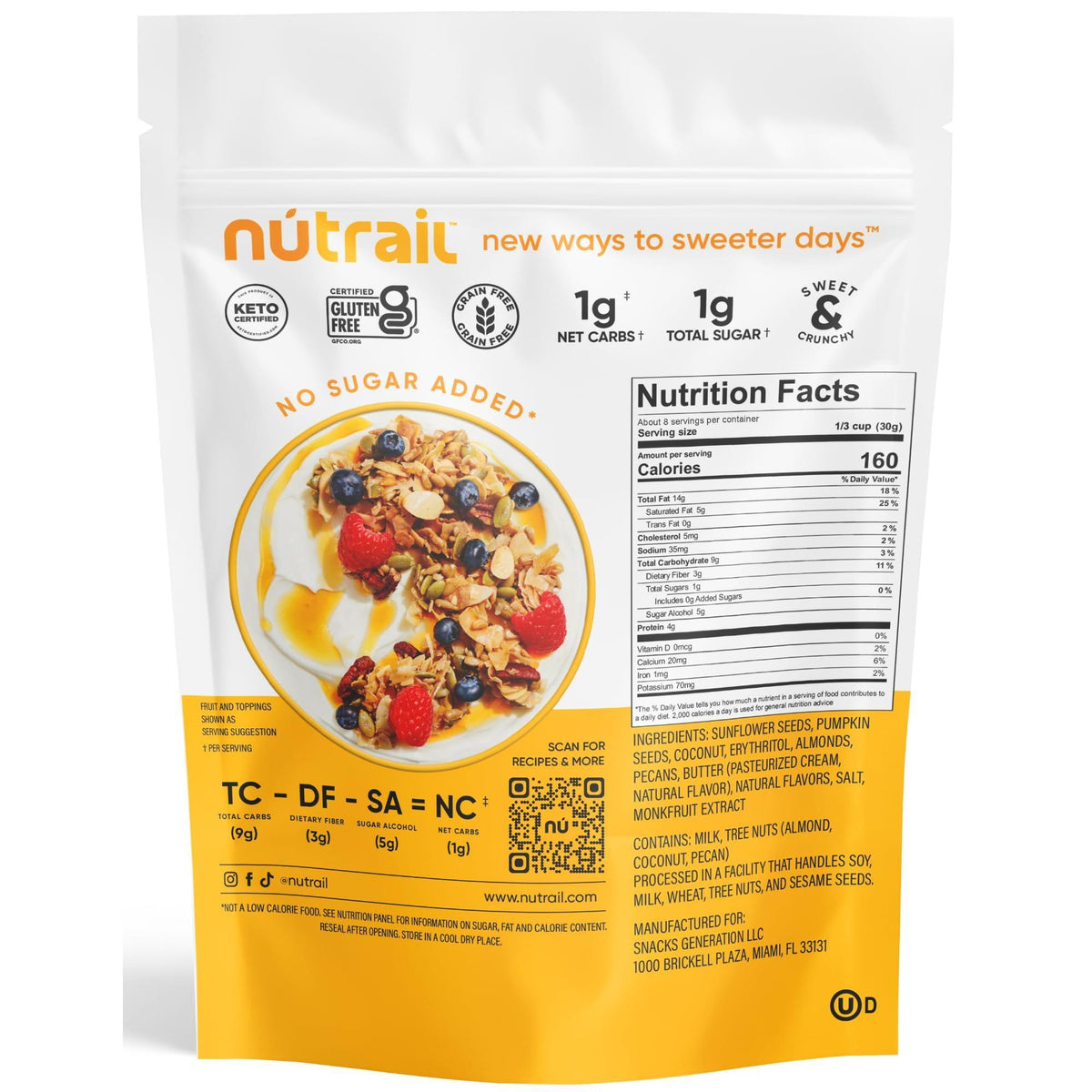 NuTrail Nut Granola Cereal, Honey Nut, No Sugar Added, Keto, Low Carb, Gluten Free, Grain Free, Healthy Breakfast 8 oz. 1 Count