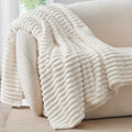 BEDELITE Fleece Throw Blanket for Couch - 300GSM Soft & Warm Fluffy Cream White Blanket, Decorative and Giftable Striped Blankets for Women, Men, 50