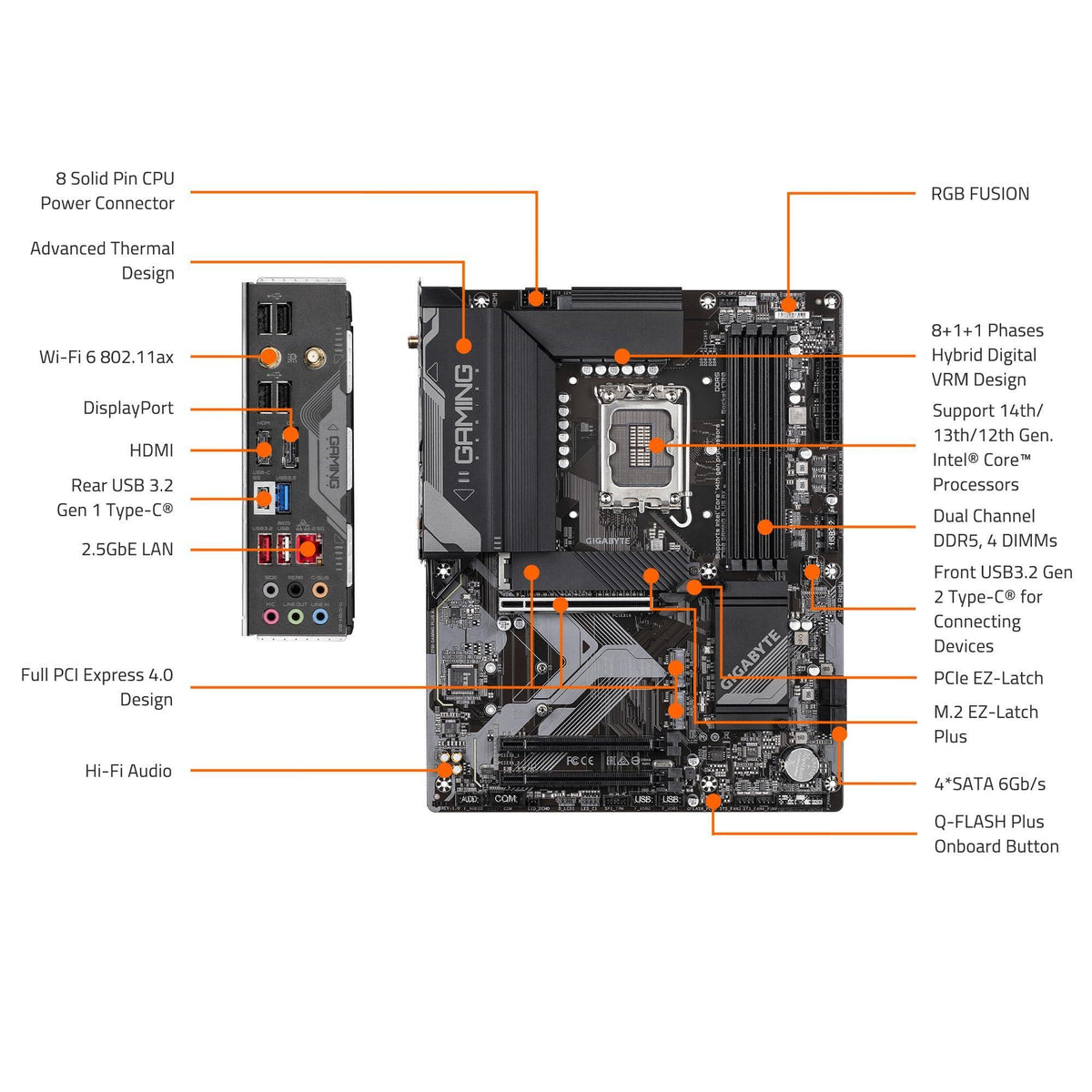 GIGABYTE Z790 Gaming Plus AX LGA 1700 Intel Z790 ATX Motherboard with DDR5, Triple M.2, PCIe 4.0, USB 3.2 Gen2 Type-C, Realtek Wi-Fi 6, Realtek LAN, Q-Flash Plus, EZ-Latch