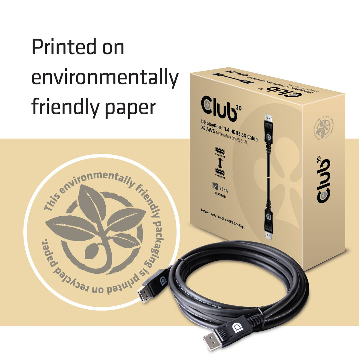 Club3D CAC-1060 VESA Certified DisplayPort to DisplayPort 1.4/Hbr3 M/M Cable DP 1.4 8K 60Hz 3m- 9.84ft